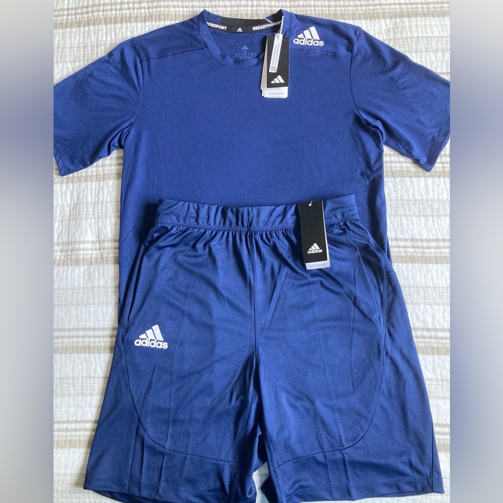Adidas T-Shirt Training Dark Blue Aeroready Sideline 21 Knit Shorts Set Sz S